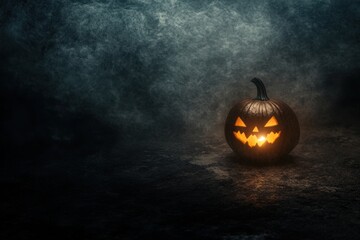 Halloween pumpkin headlight in a dark, foggy background with copy space This Halloween concept features a carved pumpkin with a light source Generative AI