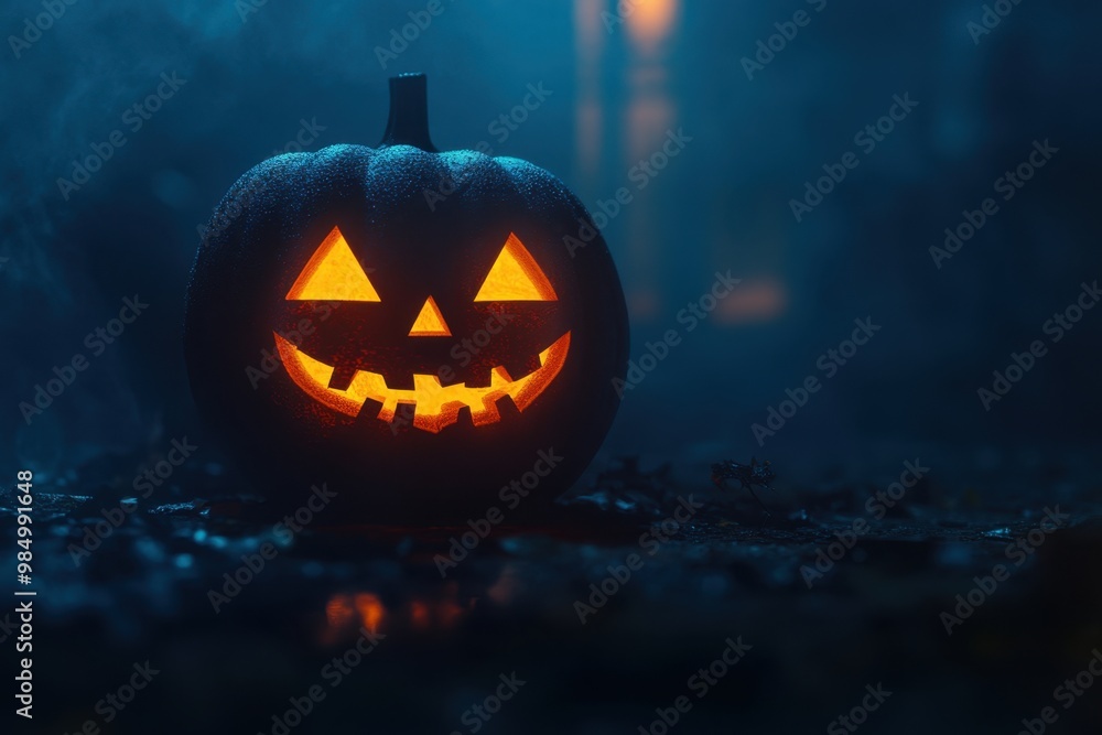 Poster halloween pumpkin head light glowing in the dark, foggy background with space for text or design dar