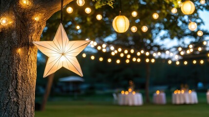 A large star shaped paper lantern hanging from a tree, AI
