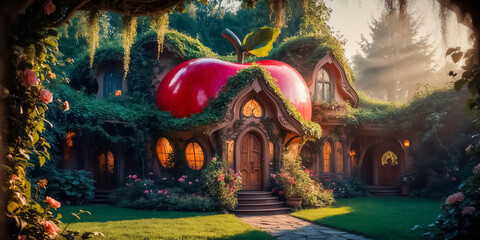 Fototapeta premium Beautiful fairytale house - apple, secret garden