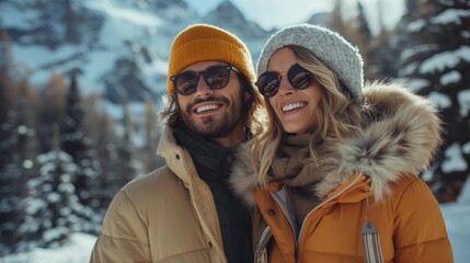 A happy couple in winter clothing enjoys a sunny day in the snowy mountains, surrounded by scenic landscape.