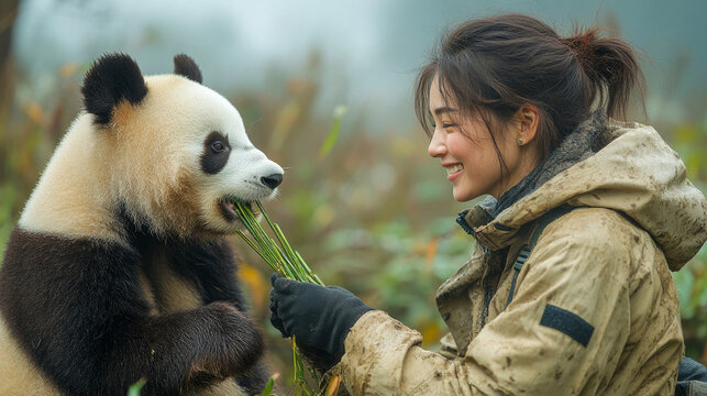 Happy zoo keeper feeds bamboo shoots to a massive panda