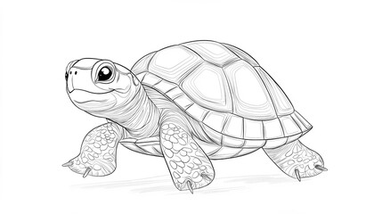 Fototapeta premium A small turtle with a big shell, smiling and slowly moving along, designed as a children's coloring book illustration.