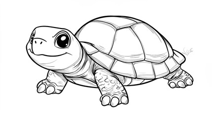 A small turtle with a big shell, smiling and slowly moving along, designed as a children's coloring book illustration.