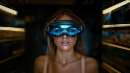 Exploring a futuristic store with augmented reality glasses for an immersive shopping experience. Generative AI