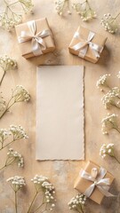 Aesthetic paper postcard card with copy space and beautiful gypsophila flowers