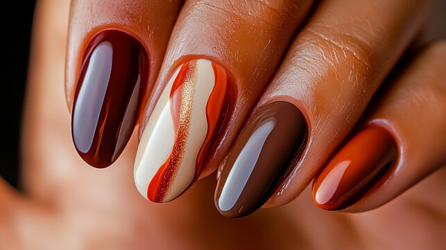 Close-up of natural nails painted with simple autumn style gel polish