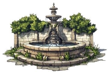 Fototapeta premium Stone Fountain with Green Bushes and Wall for Garden or Park Design