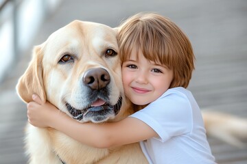 A child hugging a big dog, showing unconditional love and protection