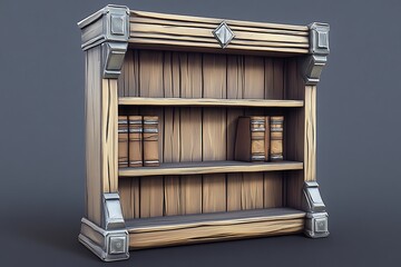 3D Model of Wooden Bookshelf with Ornate Metal Accents
