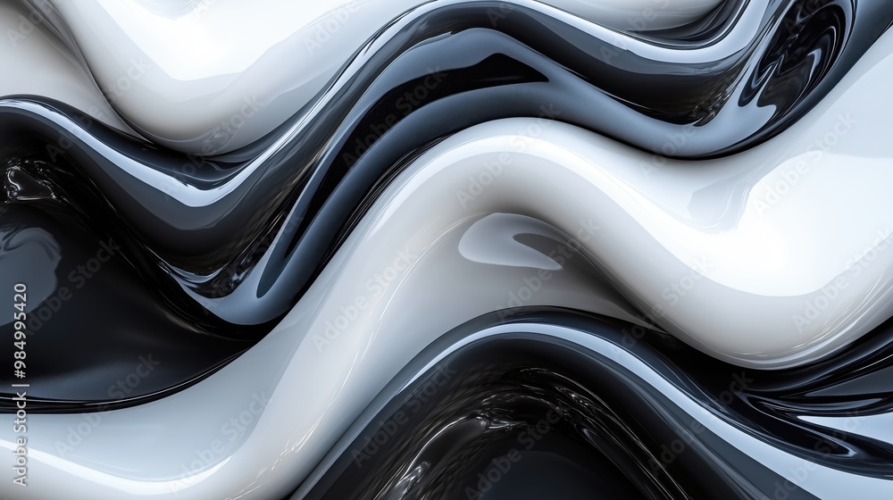 Poster elegant 3d abstract design features smooth flowing shapes in pearl white and onyx black radiating so