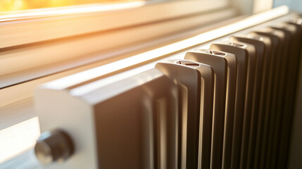 Radiator heating by the window, warm sunlight filtering through