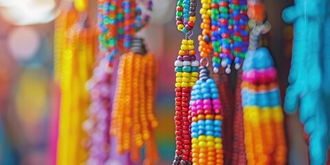 Fototapeta premium Vibrant beaded earrings inspired by traditional jewelry, featuring close-up details with selective focus and intentional blur.
