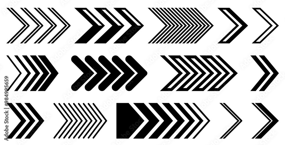 Poster a set of bold black geometric arrow icons featuring various linear and solid designs, perfect for di
