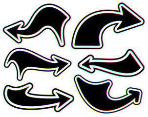 Collection of wavy glitch-style arrows with vibrant distortion effects. Vector illustration ideal for creative and tech designs.