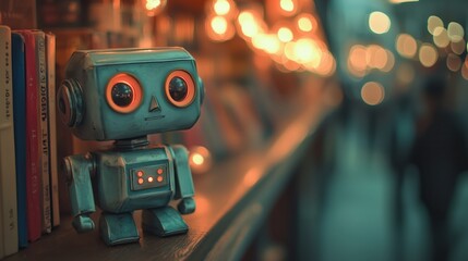 A charming watercolor robot perched on a shelf in a warmly lit, cozy room surrounded by a softly blurred bookshelf. Generative AI