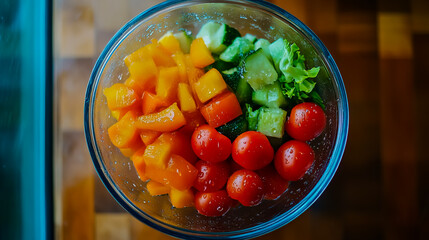 Top view a white ceramic bowl filled with fresh and tasty-looking vegetables.