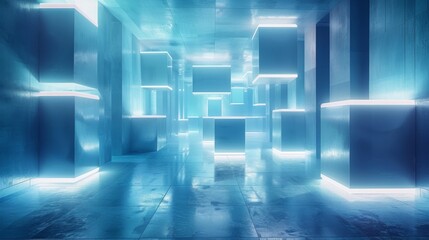 glowing 3D cubes floating in a minimalist room