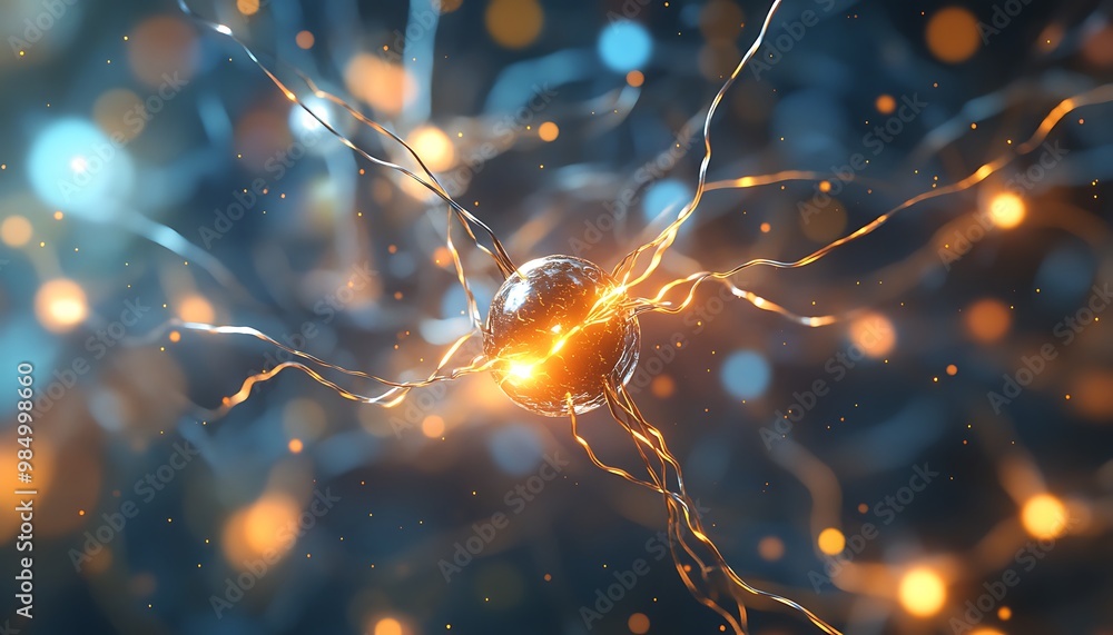Poster abstract 3d neuron cell with glowing light and bokeh background