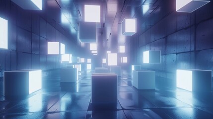 glowing 3D cubes floating in a minimalist room