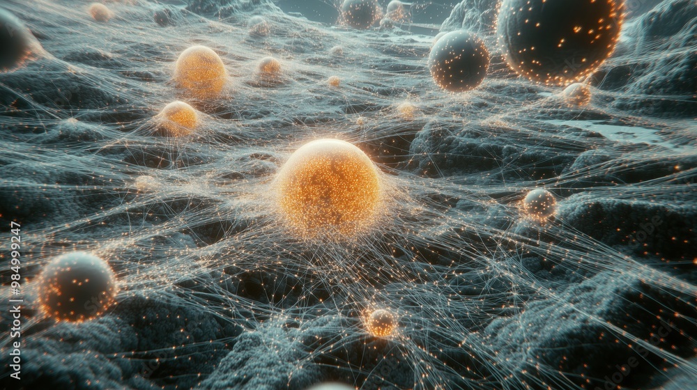 Poster a vibrant 3d web of glowing nodes interconnected in a mesmerizing dance of light and energy during a
