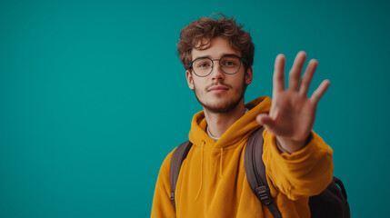 on the right side male student on a single colour background raching his hand. fisheye