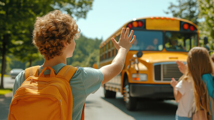 A boy waving to a school bus as it drives by, AI
