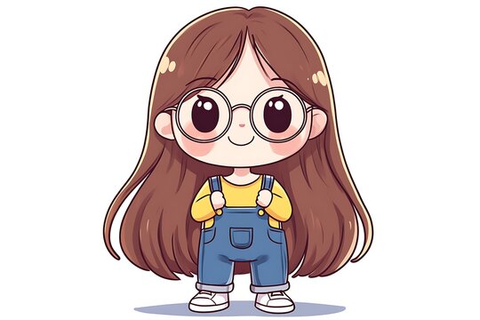 recommend clip art: Cute cartoon girl with brown hair and glasses wearing overalls