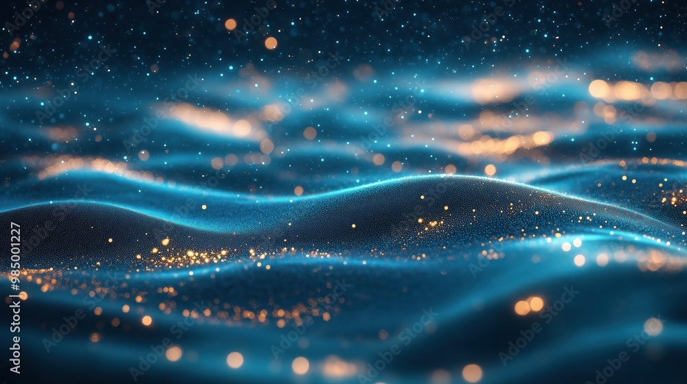 Poster enchanting teal sand dunes illuminated by a warm glow, with floating particles creating a dreamlike 