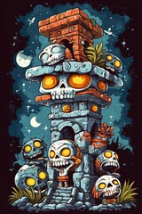 Skull Tower A Nighttime Fantasy Illustration