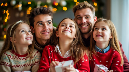 This heartwarming gathering features a single parent and two children, all smiling and dreaming about holiday gifts in a cozy, well-decorated space filled with festive cheer