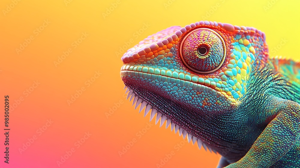 Poster close up of chameleon with colorful scales and eye on yellow and red gradient background.