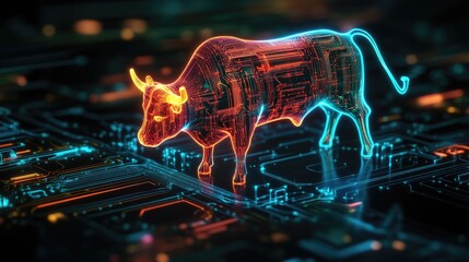 A glowing digital bull stands on a circuit board, representing technological advancement and innovation.