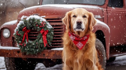 A Joyful Golden Retriever in a Red Handkerchief Sits Proudly in Front of a Vintage Truck Adorned with a Christmas Wreath, Set Against a Snow-Covered Winter Wonderland