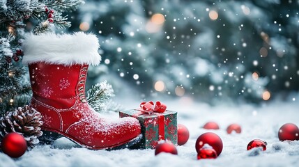 A Whimsical Winter Wonderland: Embracing the Spirit of Christmas with Santa's Red Boot, Gift Boxes, Sparkling Ornaments, and a Festive Tree Amidst the Soft Embrace of Snow