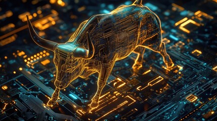 A golden bull, a symbol of financial growth and prosperity, stands on a glowing circuit board, representing the digital economy and technology's impact on the market.