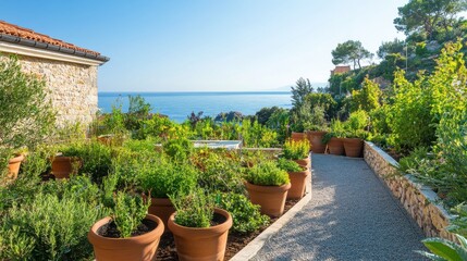 Mediterranean smart garden with potted plants overlooking the serene sea under a vibrant blue sky