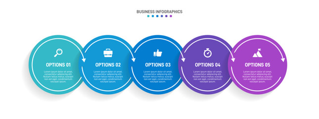 Horizontal progress bar featuring 5 arrow-shaped elements, symbolizing the five stages of business strategy and progression. Clean timeline infographic design template. Vector for presentation
