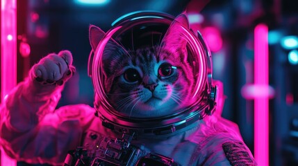 A cute cat wearing an astronaut suit with big eyes and a serious expression.