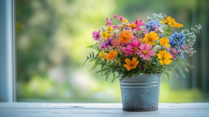 A whimsical bouquet of vibrant wildflowers in a rustic tin bucket on a sunny afternoon table. Generative AI