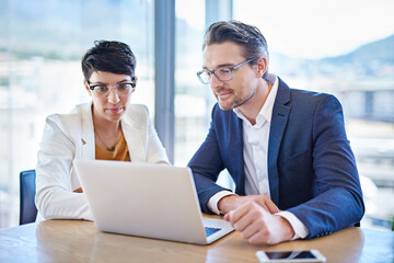 Fototapeta premium Office, teamwork and business people with laptop for reading, planning and update website for company. Discussion, assistant and manager with digital for corporate research, project results or review