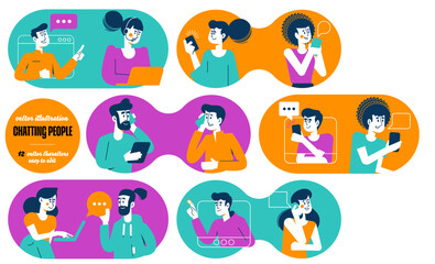 People - illustrations in various activities of online communication, chatting. A series of cartoon people talking on cell phones. The people are in different positions and colors.