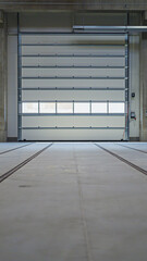 Entrance gates to a modern warehouse. Docks for trucks.  Tin white doors 