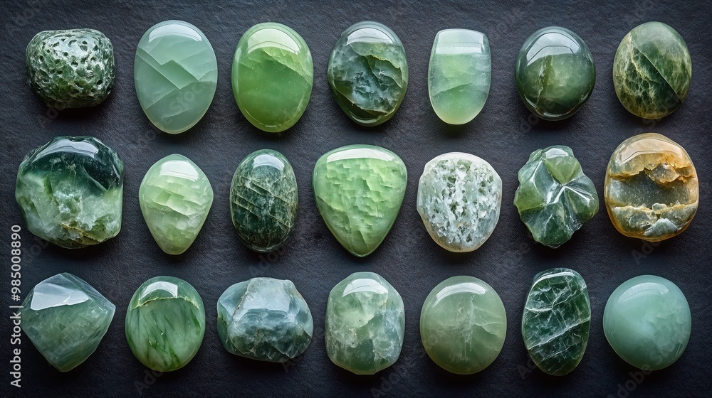 Poster a tranquil display of assorted jade gemstones in calming green hues arranged beautifully on a shiny 
