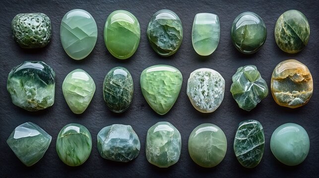 A tranquil display of assorted jade gemstones in calming green hues arranged beautifully on a shiny dark background. Generative AI