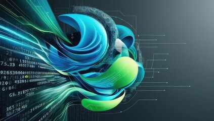 Abstract digital design with green and blue forms, numerical elements, and technology patterns, symbolizing data flow.