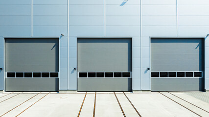 Entrance gates to a modern warehouse. Docks for trucks.  Tin white doors 