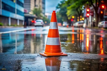 traffic cone warning sign on wet street after rain
