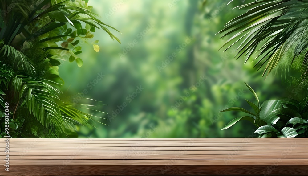 Wall mural serene wooden tabletop framed by vibrant greenery, ideal for highlighting products in a tranquil nat