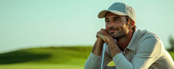 Serene golfer taking a moment of rest on the course, enjoying a peaceful day outdoors with a focus on concentration and relaxation